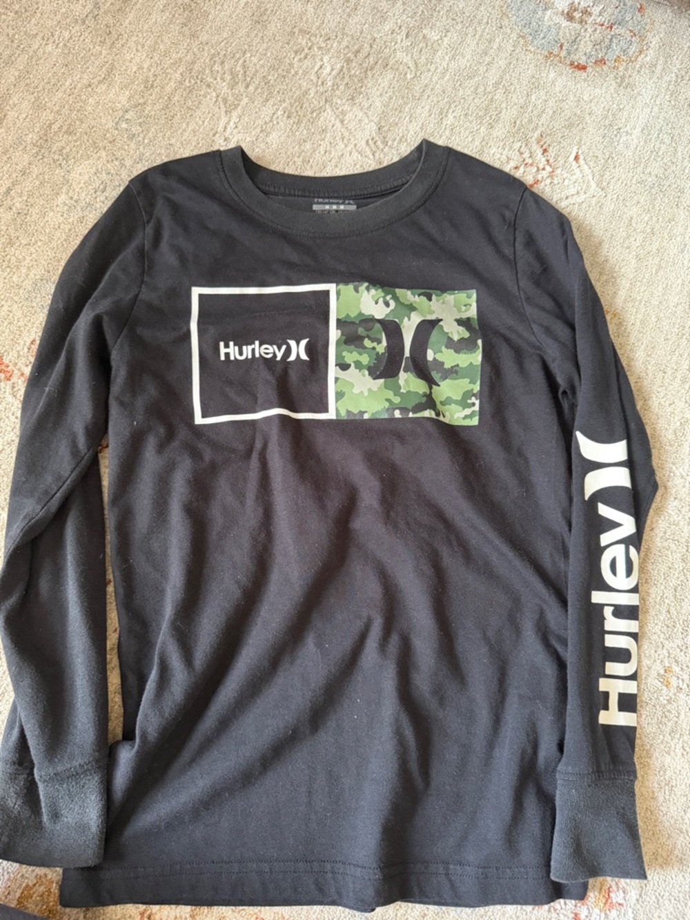 Hurley Black Long Sleeve Tee with Green Camo Logo